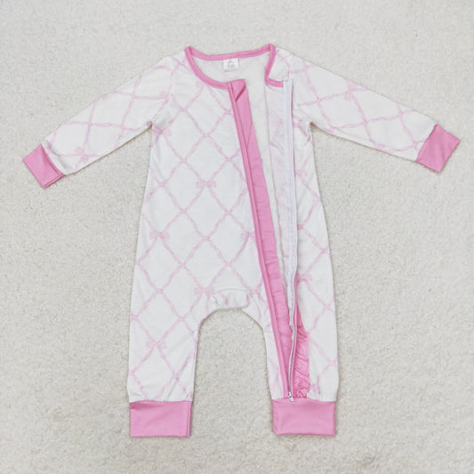 LR0921 Bamboo Bow pattern Pink lace zipper long sleeve onesie