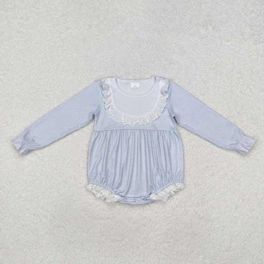 LR0986 Baby Infant Toddler Girls Blue Bib Long Sleeve Romper