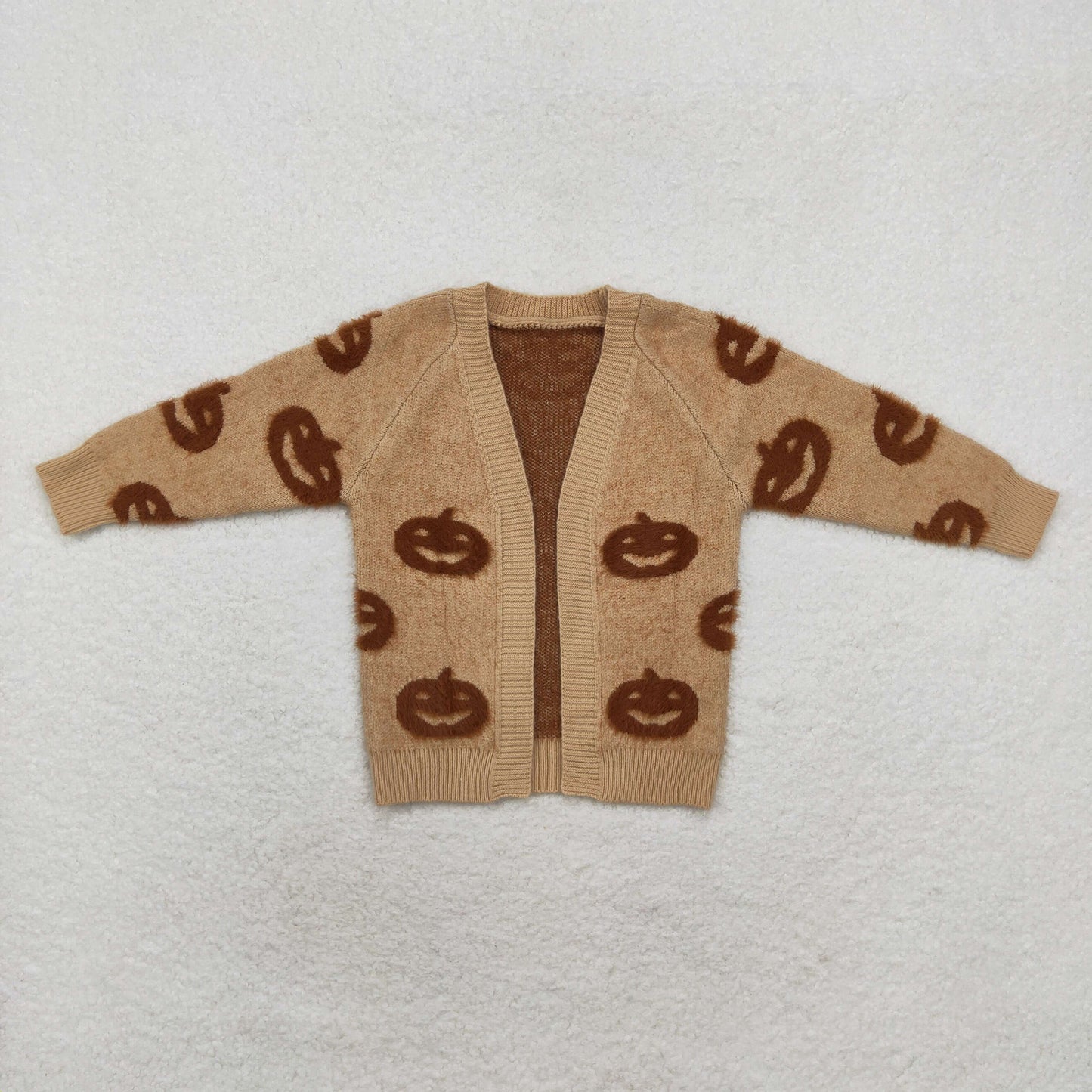 GT0651 Girls Halloween pumpkin khaki long sleeve sweater cardigan