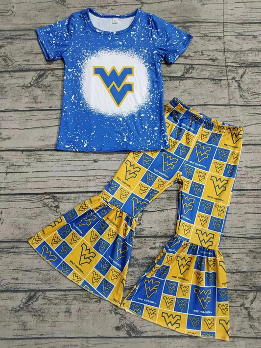 Baby Girls Blue Yellow Cheer Team Top Bell Pants Clothes Sets preorder(MOQ 3)