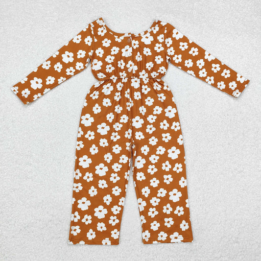 LR1838 Baby Girls Brown Flowers Long Sleeve Fall Jumpsuit