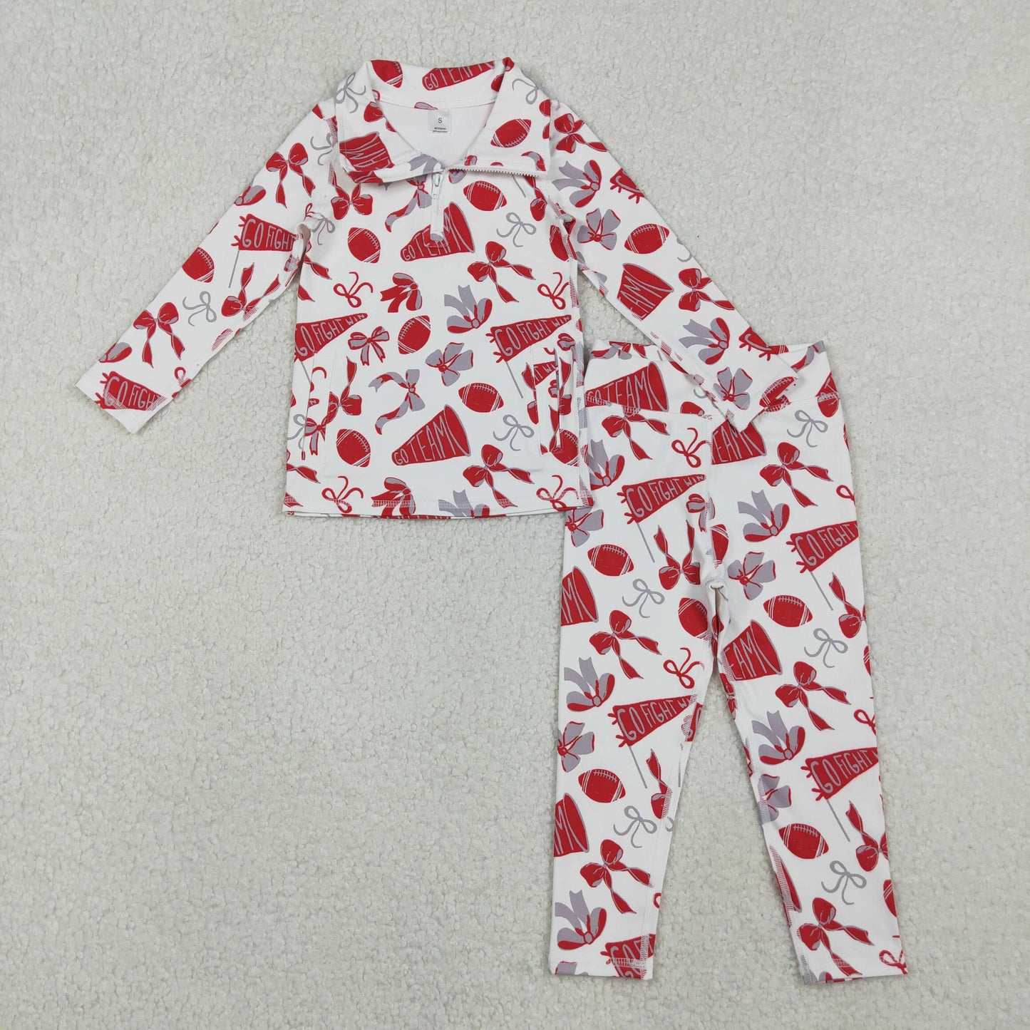 GLP2860 Baby Girls Red Bows Footballs Go Teams Pockets Zip Pullovers Leggings Team Yoga Set C10.29