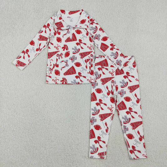 GLP2860 Baby Girls Red Bows Footballs Go Teams Pockets Zip Pullovers Leggings Team Yoga Set C10.29