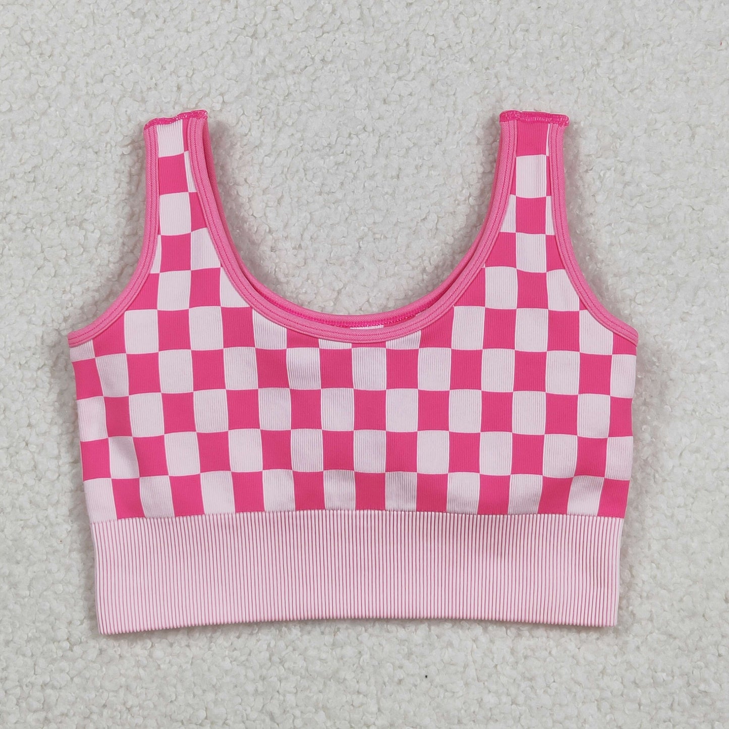 GT1190 Adult Women Pink Checkered Knitted Yoga Crop Bra Tops C9.1