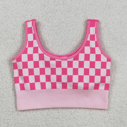 GT1190 Adult Women Pink Checkered Knitted Yoga Crop Bra Tops C9.1