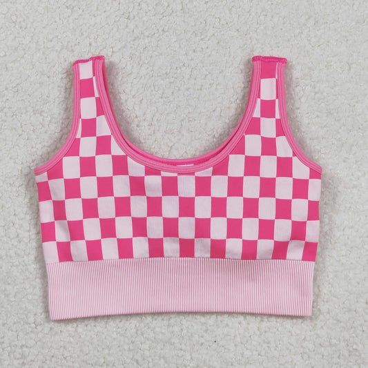 GT1190 Adult Women Pink Checkered Knitted Yoga Crop Bra Tops C9.1