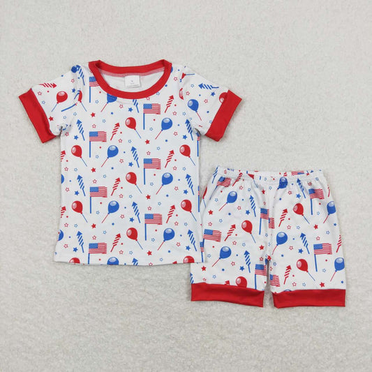 BSSO0707 July 4th Balloon flag fireworks red and white short-sleeved shorts pajamas set