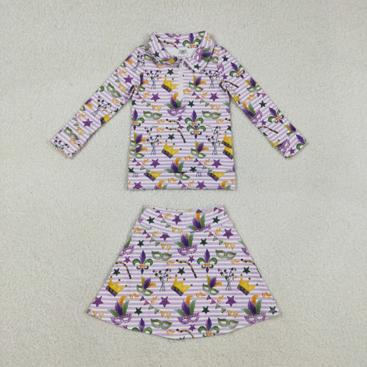 GT1369+GLK0167 Baby Girls Mardigras Stripe Anchor Masks Zip Pullovers Skirt Shorts Yoga Active Clothes Set C11.25