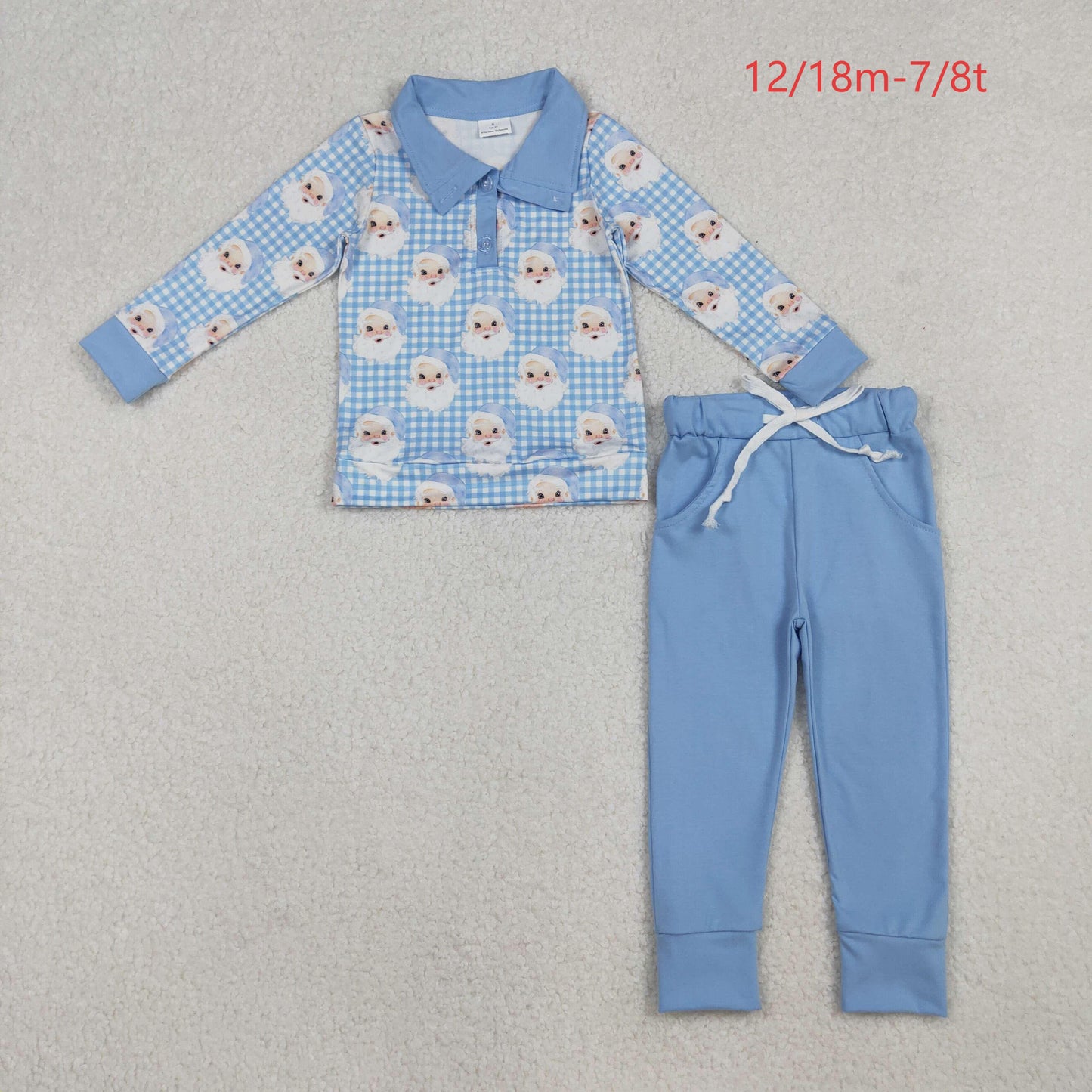 BLP1295 Baby Boys Blue Checked Santa Button Top Pockets Pants Christmas Clothes Set C10.14