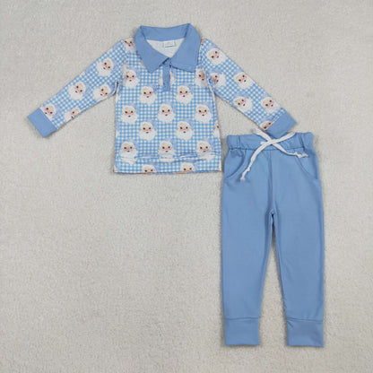BLP1295 Baby Boys Blue Checked Santa Button Top Pockets Pants Christmas Clothes Set C10.14