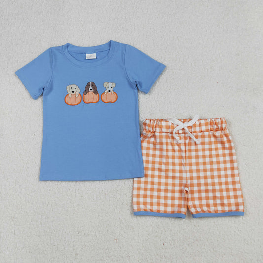 BSSO1547 Embroidery Baby Boys Blue Short Sleeves Dogs Pumpkins Top Shorts Set C9.13
