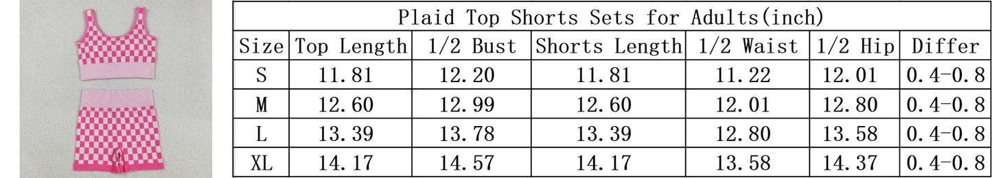 Sibling Adult Women Checkered Camo Crop Bra Top Shorts Yoga Outfits Sets C9.5