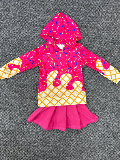 BT1271+GLK0079 Baby Girls Hot Pink Drip Hoodie Top Yoga Skort Team Set 7.30