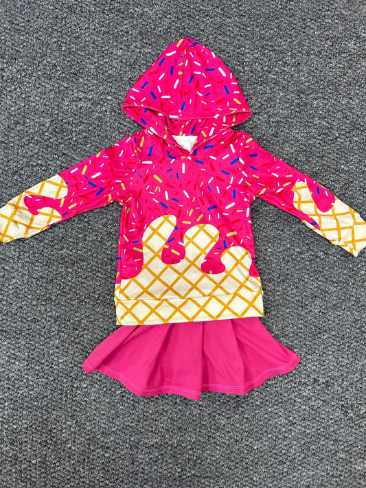 BT1271+GLK0079 Baby Girls Hot Pink Drip Hoodie Top Yoga Skort Team Set 7.30