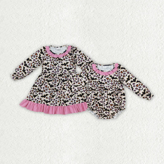 Sibling Baby Girls Bats Leopard Halloween Ruffle Knee Length Dresses Romper C9.15