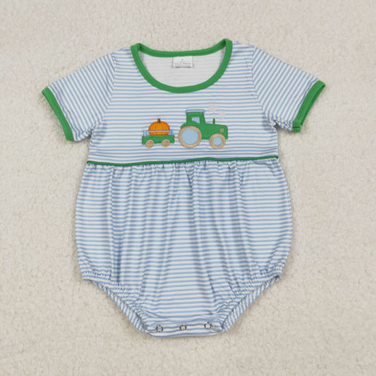SR3201 Embroidery Baby Boys Blue Stripe Pumpkins Truck Fall Romper C9.22