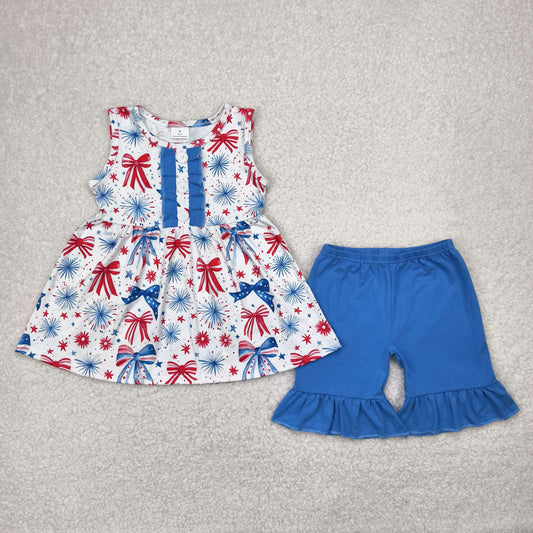 GSSO2346 Baby Girls Sleeveless Butter Blue Red Bows Fireworks Tunic Ruffle Short 4th Of July Set