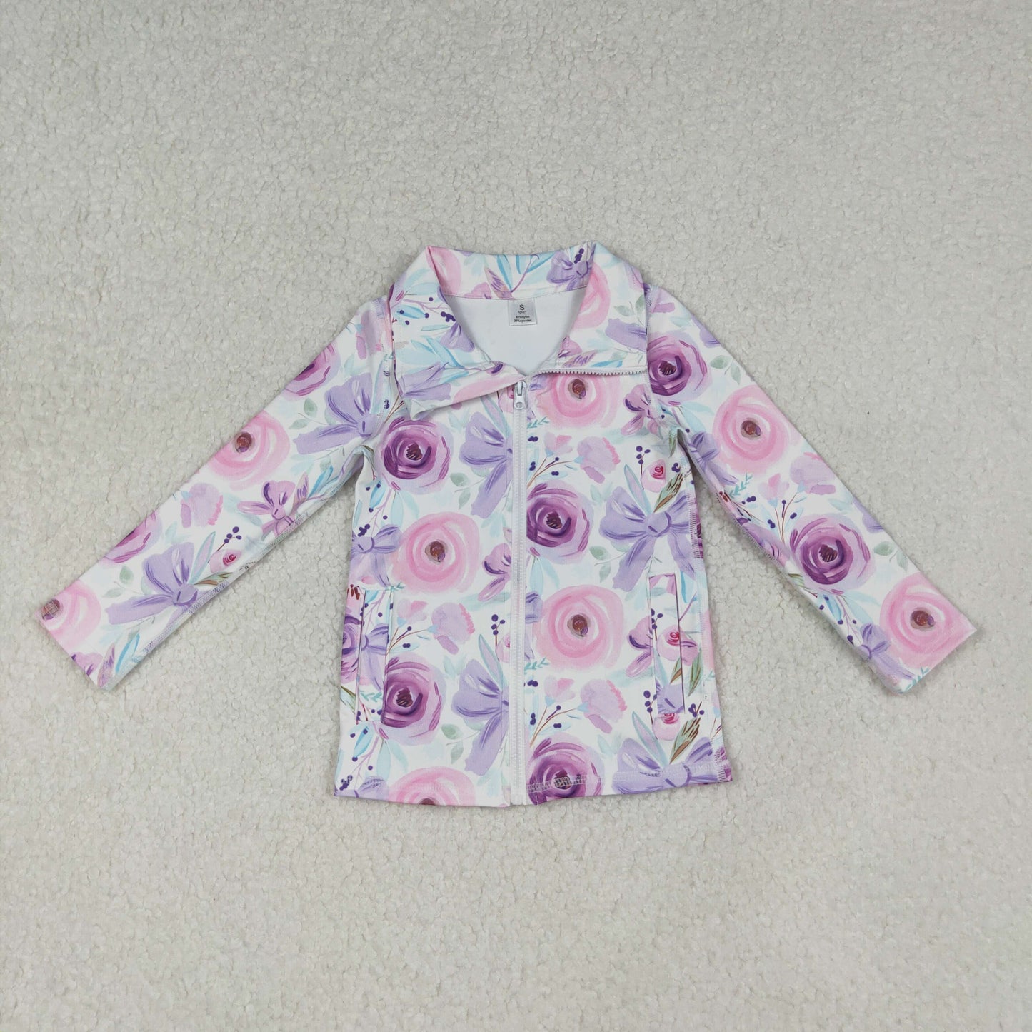 GT1083 Baby Girls Long Sleeves Purple Floral Bows Zipper Pockets Yoga Jacket Top C10.14
