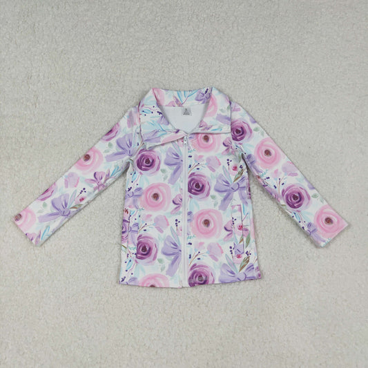GT1083 Baby Girls Long Sleeves Purple Floral Bows Zipper Pockets Yoga Jacket Top C10.14