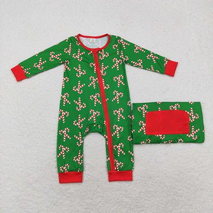 LR1237 Bamboo Santa Cane Red border green zipper long sleeve onesie
