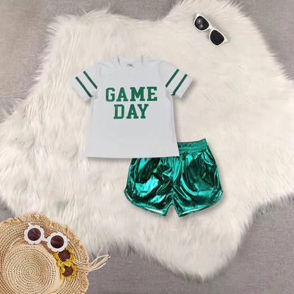 Sibling Baby Girls Vinyl Game Day Tops Metallic Shorts Clothes Sets C8.29