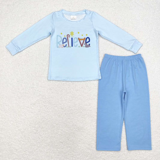 BT0775+ P0579 Baby Boys Blue Christmas Believe Top Pants Clothes Sets