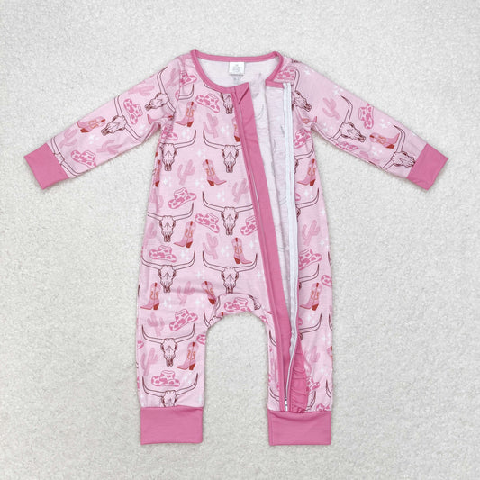 LR0689 Bamboo Alpine Bullhead Cowboy Hat Boots Pink lace zipper long-sleeved onesie