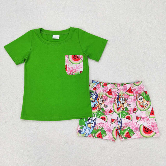 BSSO0743 Cartoon dog watermelon pocket green short sleeve shorts set
