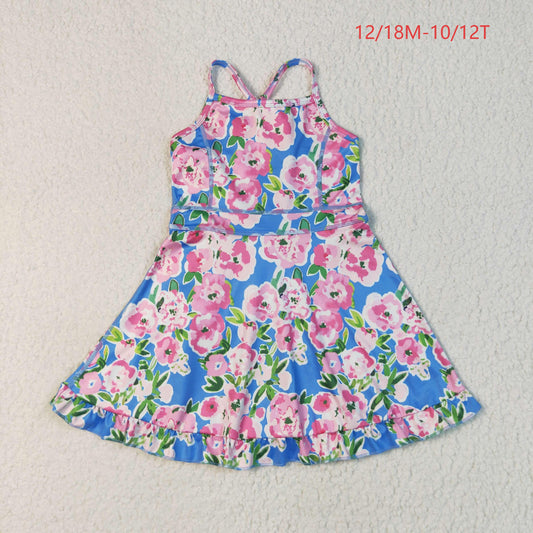 GSD2284 Baby Girls Blue Strap Colorful Floral Yoga Ruffle Knee Length Dress 7.7