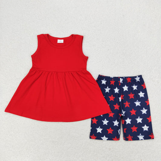 GSSO1302 4th of July Solid red sleeveless star navy blue shorts set