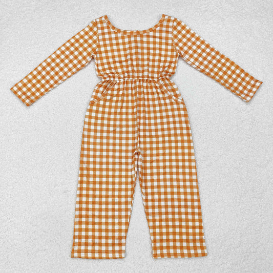 LR1840 Baby Girls Khaki Checkered Long Sleeve Fall Jumpsuit