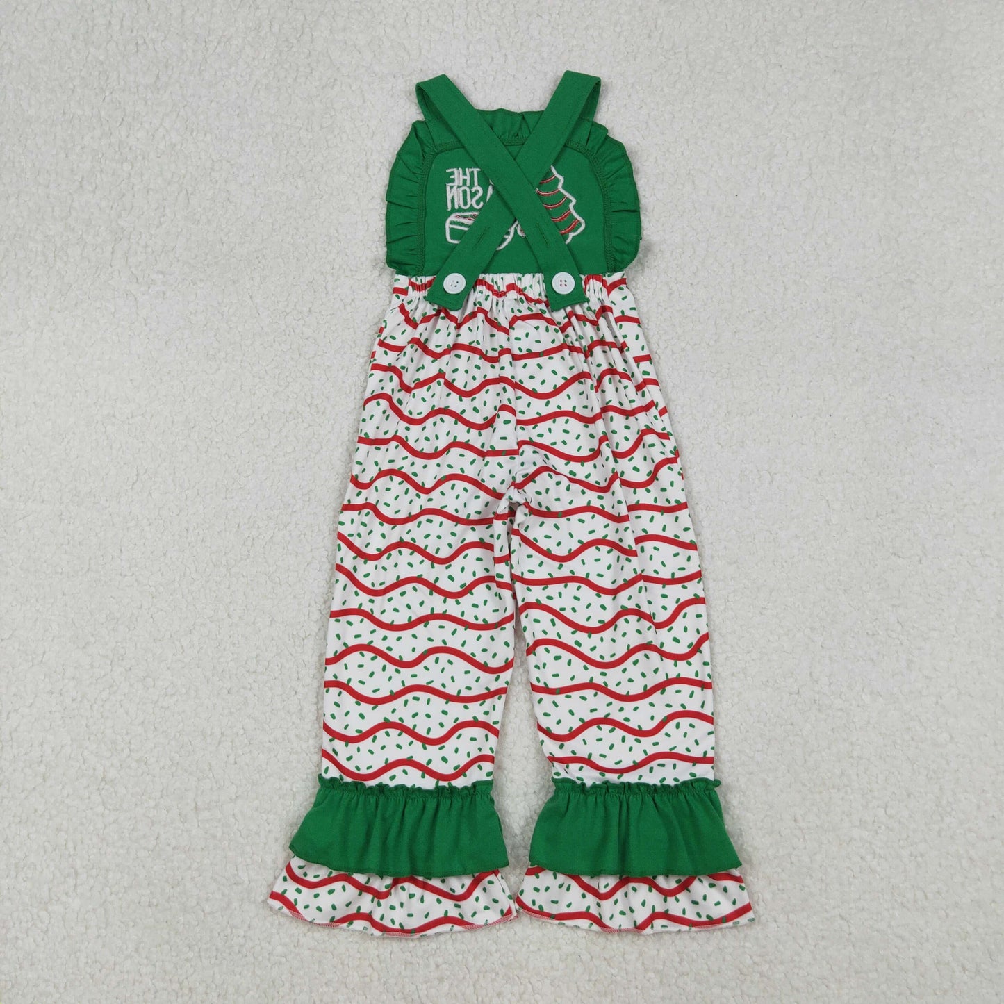 SR3178 Embroidery Baby Girls Green Strap Red Stripe Trees Ruffle Pant Jumpsuit C9.11