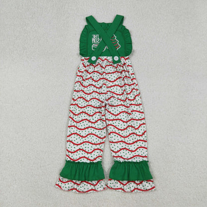SR3178 Embroidery Baby Girls Green Strap Red Stripe Trees Ruffle Pant Jumpsuit C9.11