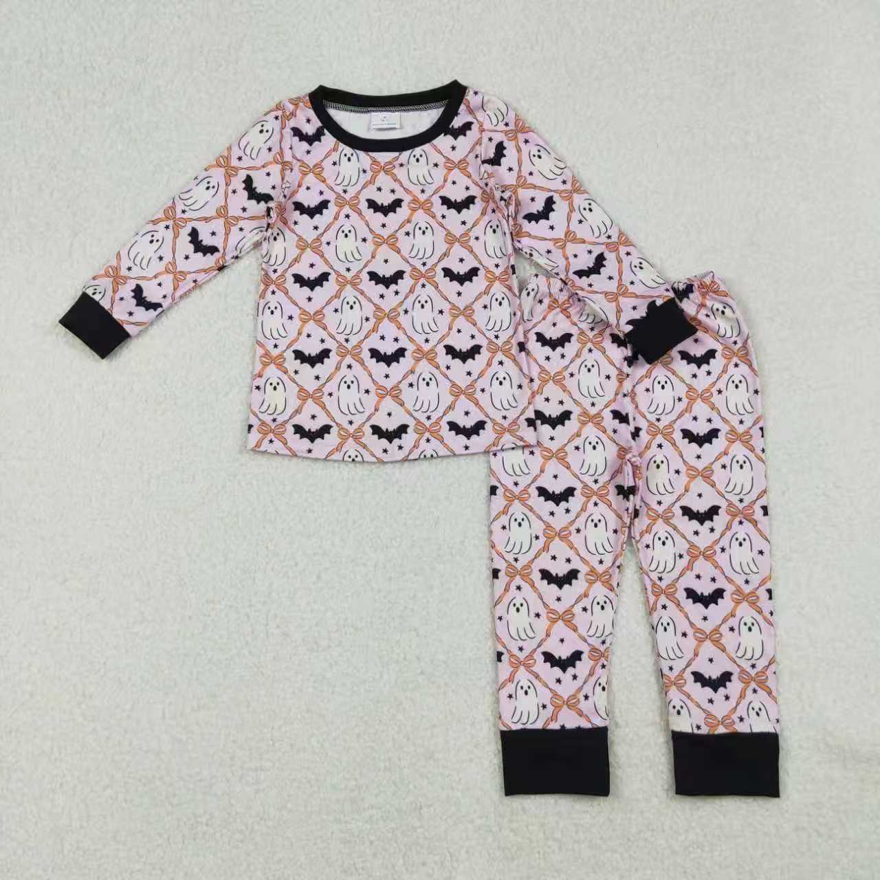 Sibling Baby Girls Ghosts Bats Checked Halloween Pajamas Sets Knee Length Dresses C9.18