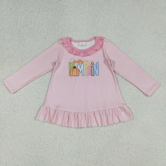 GT1183 Embroidery Pumpkins Baby Girls Pink Stripe Fall Tee Shirts Top C10.8