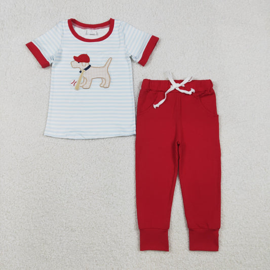 BSPO0613 Embroidery Baby Boys Stripe Dog Baseballs Top Pockets Leggings Team Clothes Set C12.2