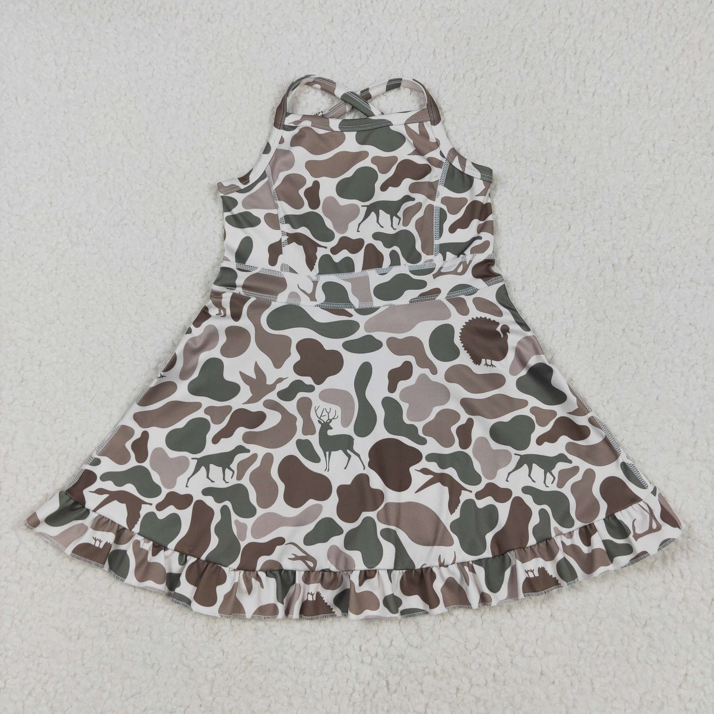 GSD2311 Baby Girls Strap Green Deer Dogs Ducks Camo Yoga Ruffle Knee Length Dress 5.9