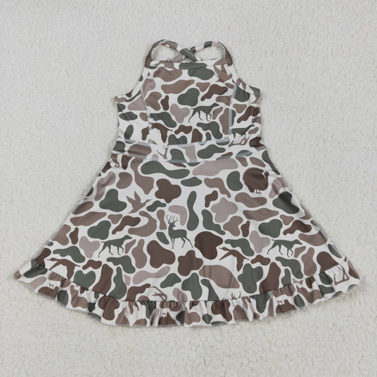 GSD2311 Baby Girls Strap Green Deer Dogs Ducks Camo Yoga Ruffle Knee Length Dress 5.9