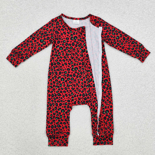 LR1962 Baby Infant Girls Christmas Red Green Leopard Zip Romper