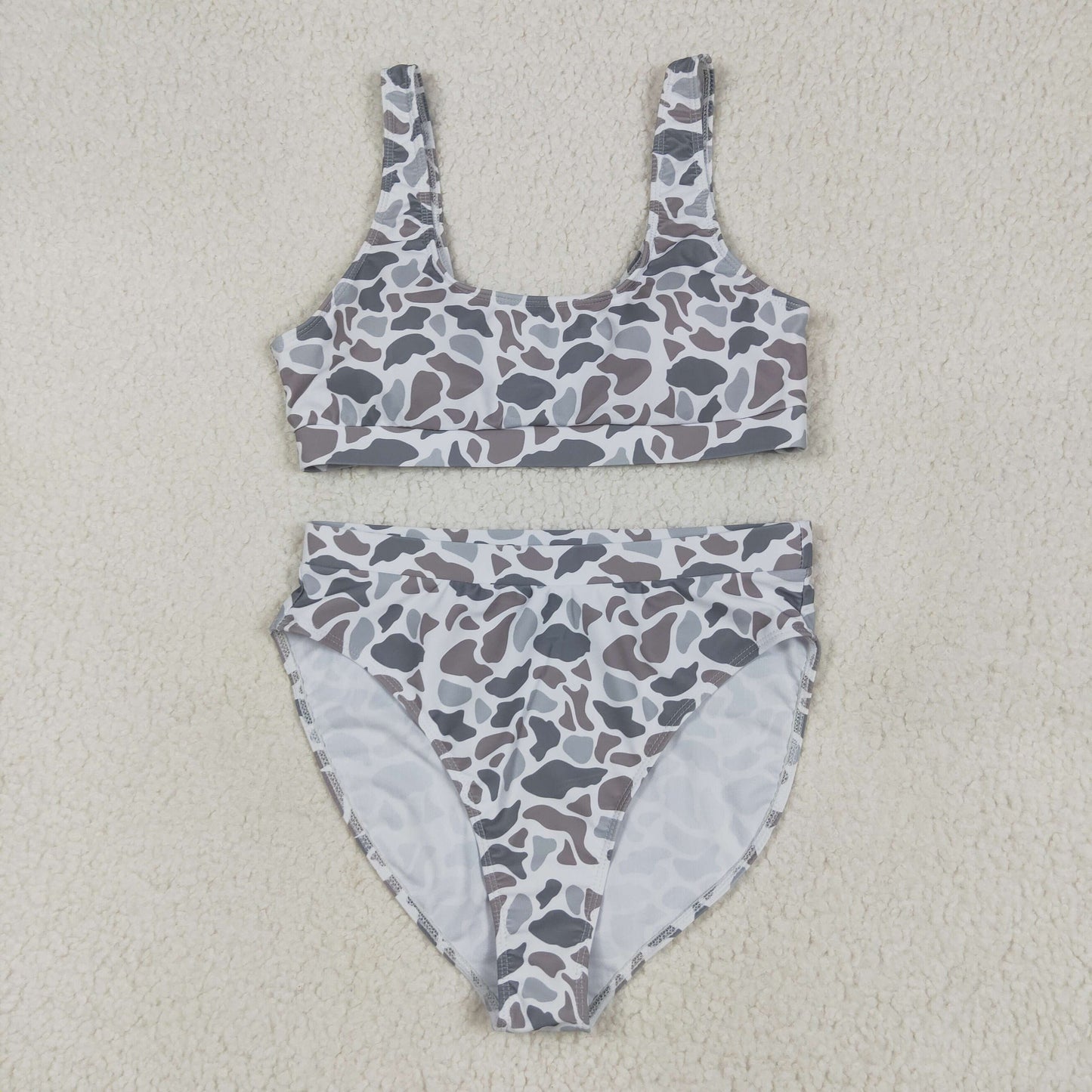 S0558 Adult Women Light Grey Camo Top Bottom Swimsuits Set