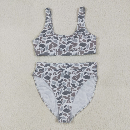 S0558 Adult Women Light Grey Camo Top Bottom Swimsuits Set