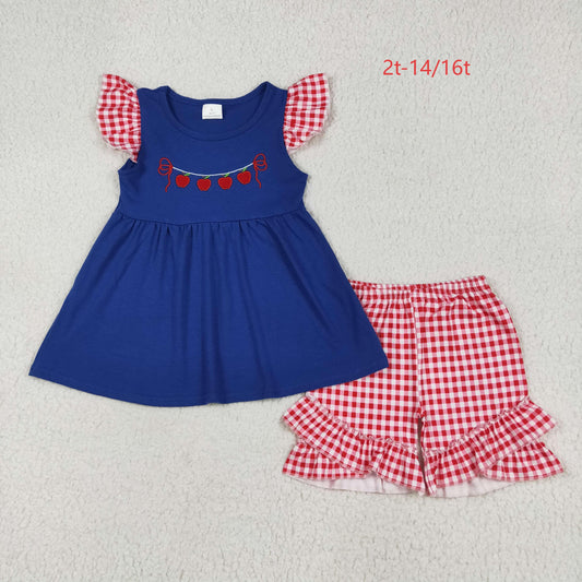 GSSO2314 Baby Girls Embroidery Apple Back To School Tunic Ruffle Shorts Clothes Set 6.12