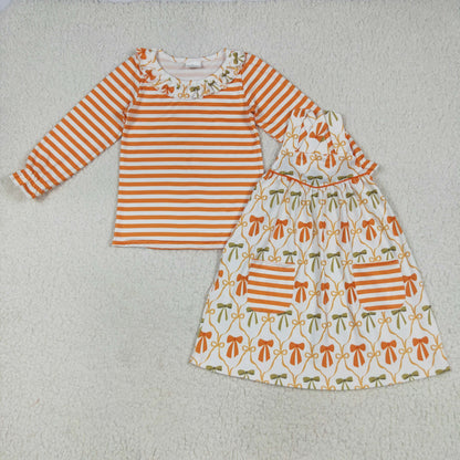 GT1074+GSD2676 Baby Girls Stripe Bows Top Pockets Knee Length Dresses 2pcs Clothes Set