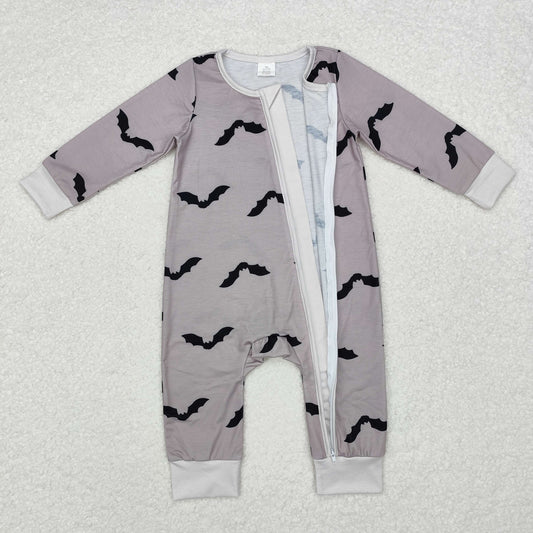 LR1438 Baby Infant Boys Grey Halloween Bats Long Sleeve Bamboo Romper