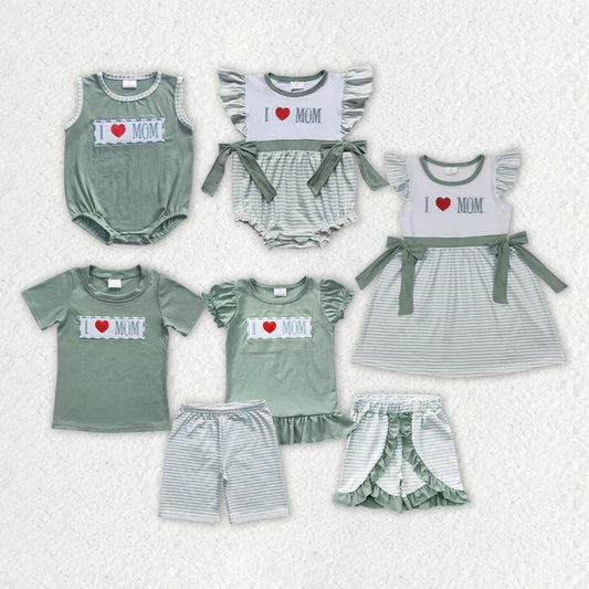 Mother's Day Girls Boys Green Sibling Rompers Clothes Sets