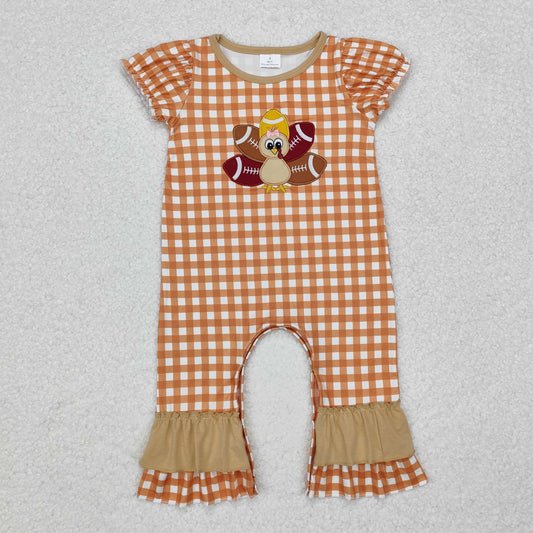 SR1886 Baby Infant Girls Embroidery Turkey Thanksgiving Checkered Short Sleeve Romper