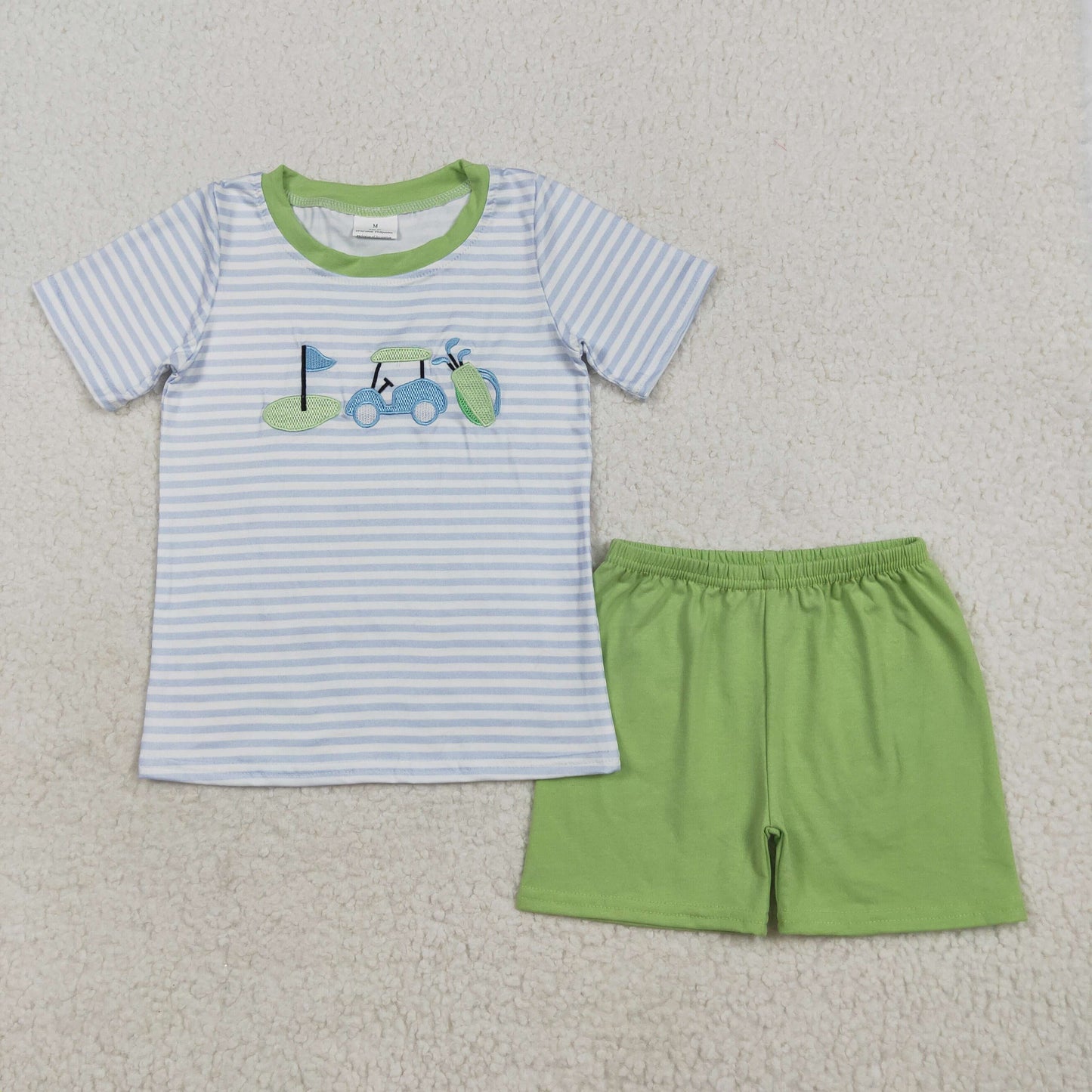 BSSO1504 Embroidery Baby Boys Blue Stripe Short Sleeves Golf Top Green Short Set 7.15