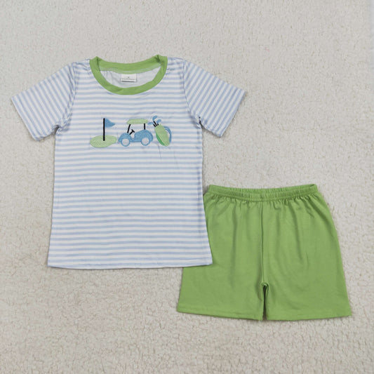 BSSO1504 Embroidery Baby Boys Blue Stripe Short Sleeves Golf Top Green Short Set 7.15