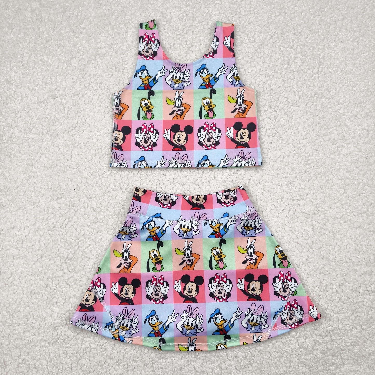 GSD2333 Baby Girls Sleeveless Cartoon Mouse Ducks Plaid Top Skort Yoga Set 4.24