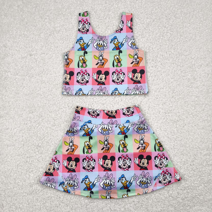 GSD2333 Baby Girls Sleeveless Cartoon Mouse Ducks Plaid Top Skort Yoga Set 4.24